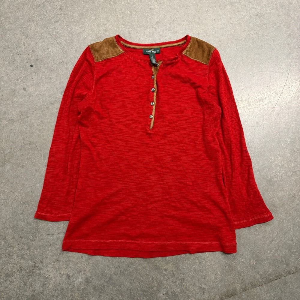 Lauren Ralph Lauren Red Henley Top Faux Leather Shoulder Patch XS 3917